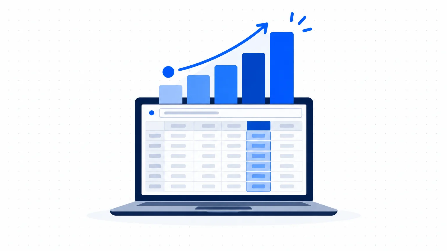 A laptop with a spreadsheet and a bar chart rising from it