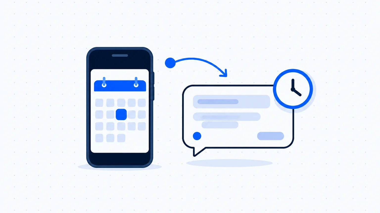 Flat illustration of a phone showing a calendar with one day highlighted, an arrow pointing to a chat bubble with a clock, for the guide on appointment reminder messages