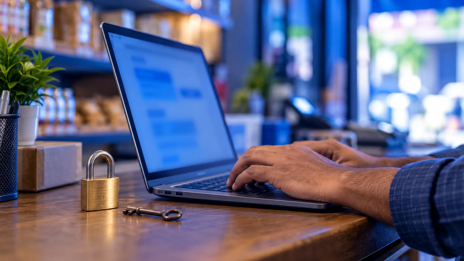 Hands typing on a laptop at a shop counter, with a padlock and a key beside it.