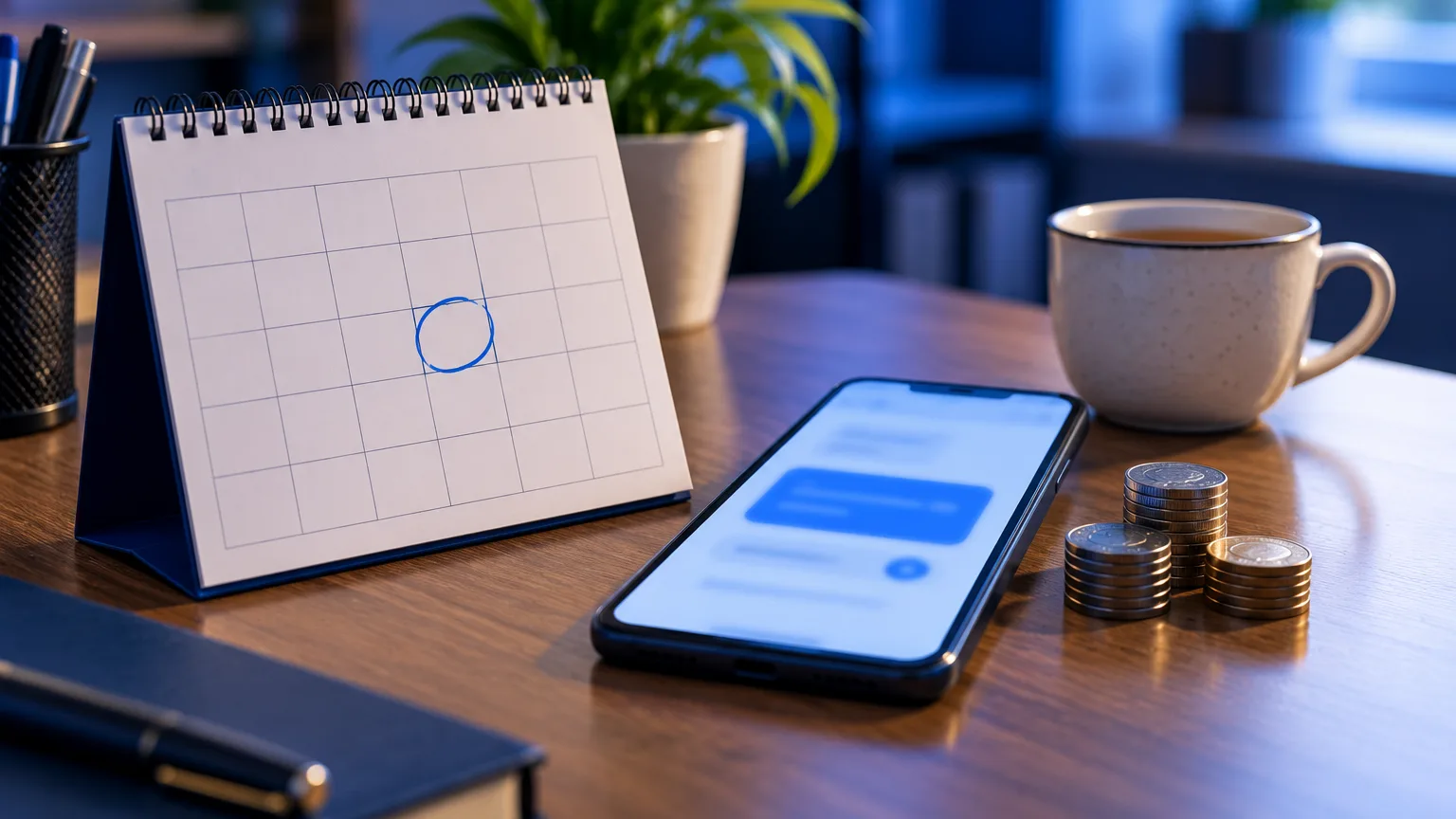 A desk calendar with one day circled, a phone and a few coins on an office desk.