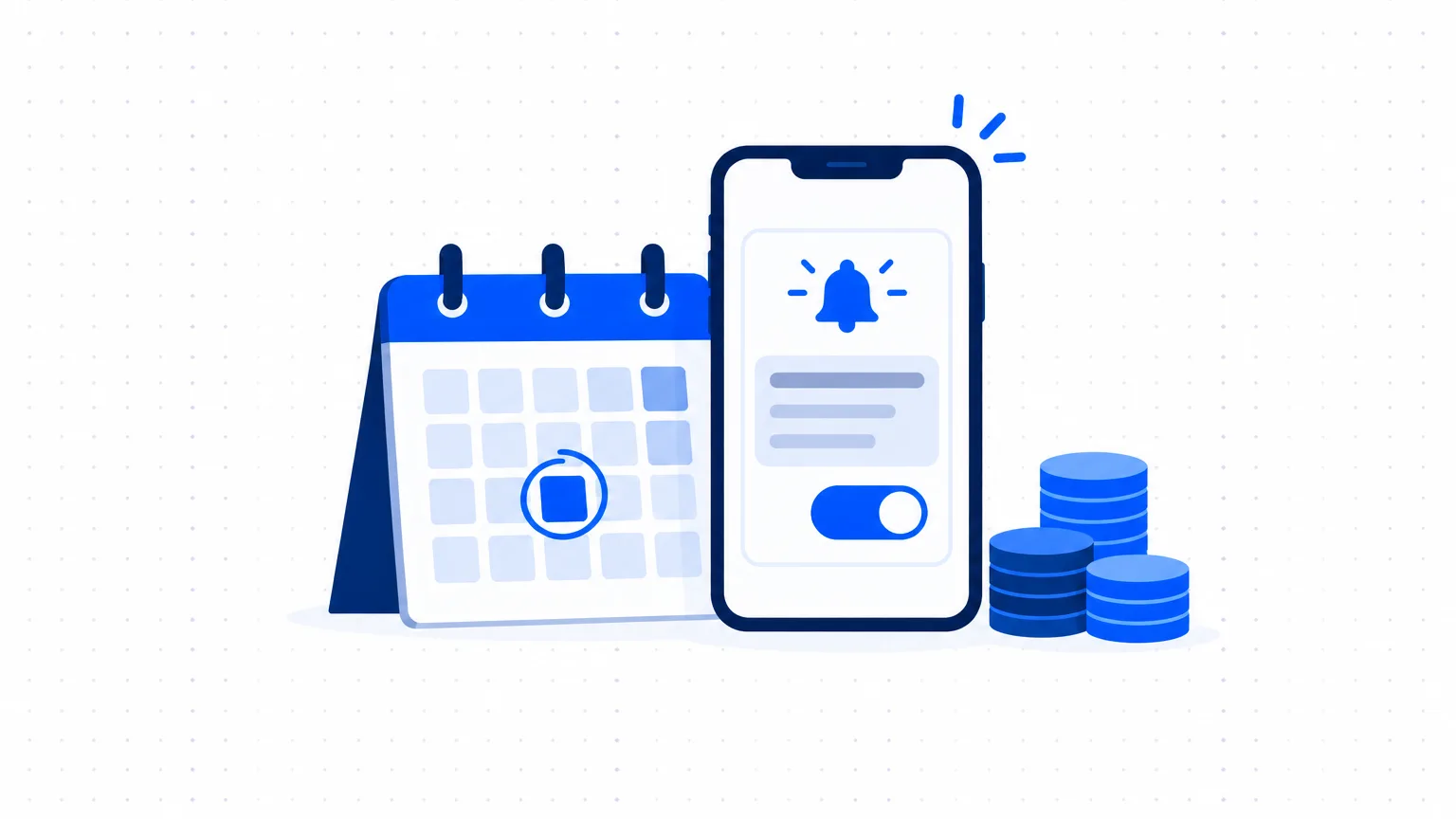 A calendar with one day circled, a phone with a subscription card, a bell and a switch, and a stack of coins