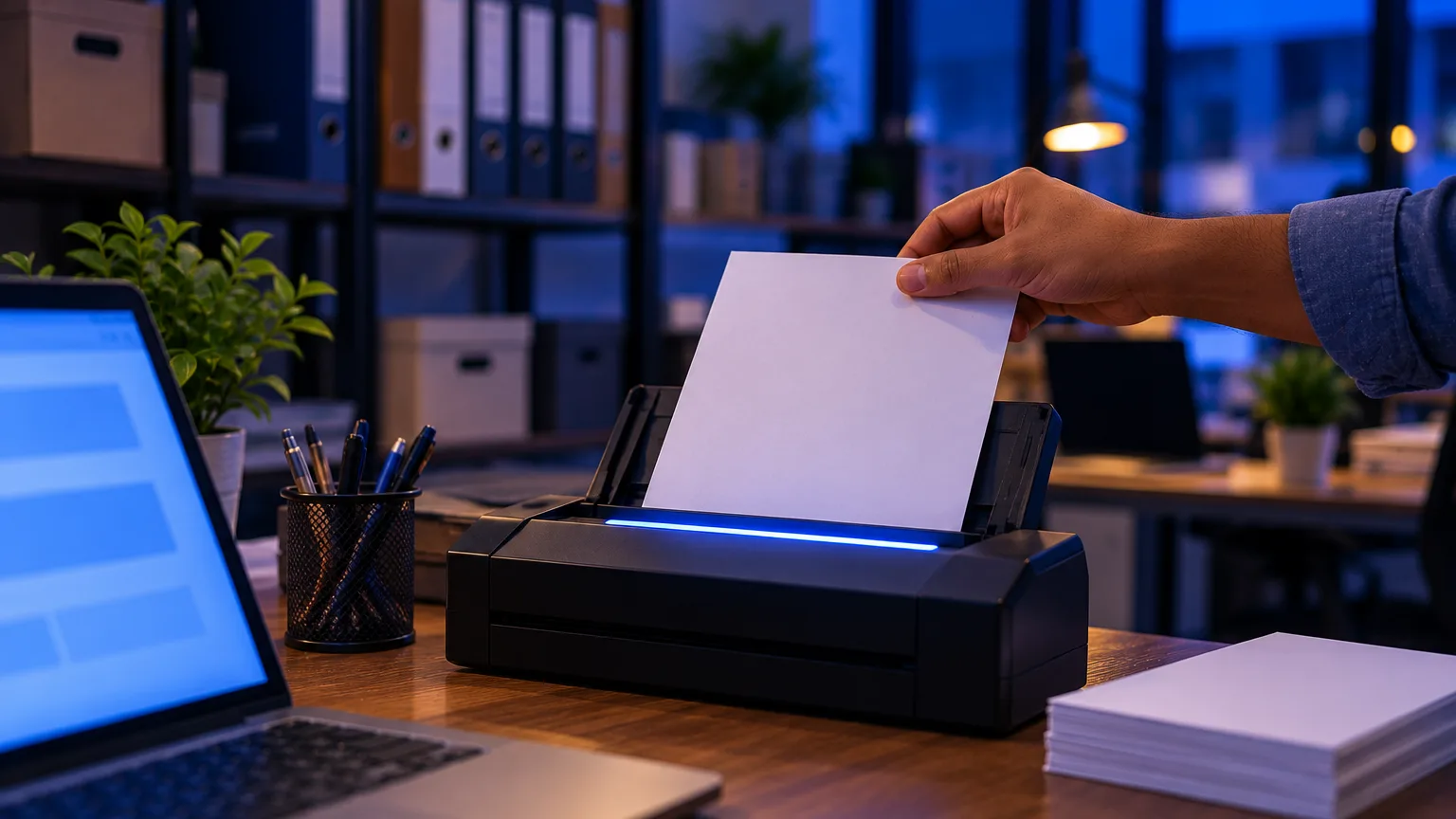 A hand feeds a blank sheet of paper into a small desktop scanner on an office desk, with box files and a laptop softly blurred behind.