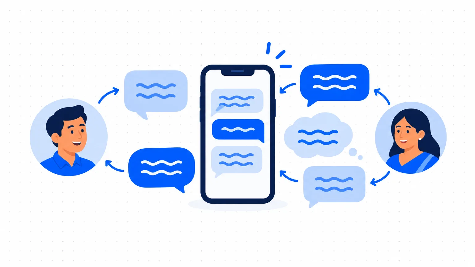A phone surrounded by speech bubbles between two customers