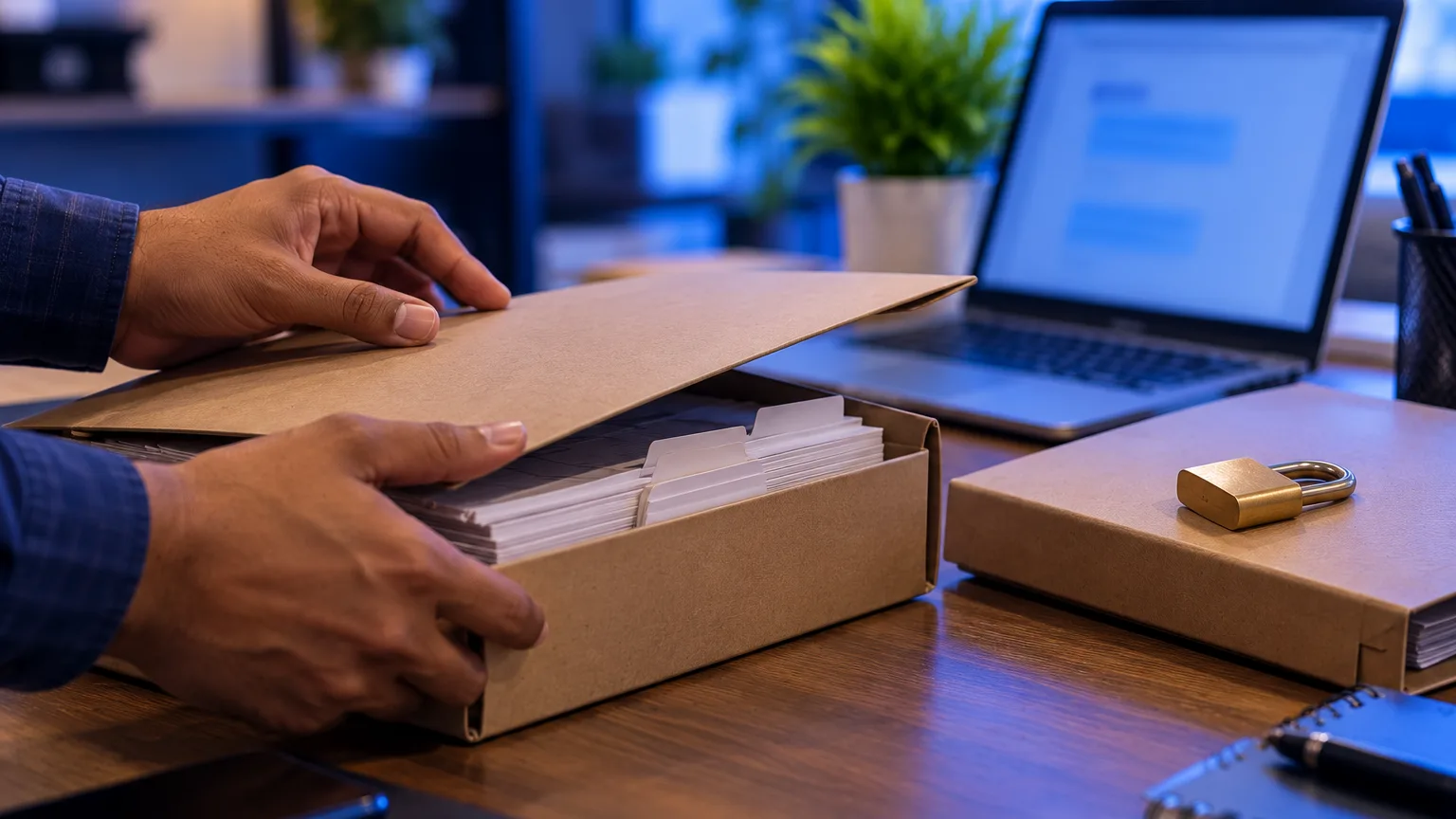 Hands closing a box of customer cards on an office desk, with a padlock on a folder beside it.