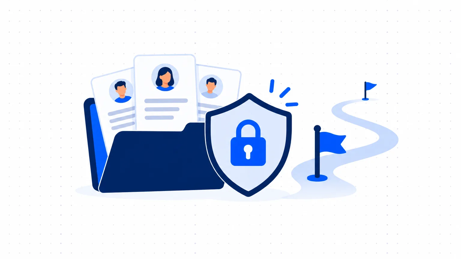 A shield with a padlock in front of a folder of customer cards, beside a path with two flags
