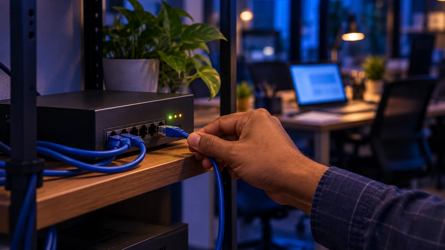 A hand plugs a blue network cable into a small firewall box on an office shelf, with desks softly blurred behind.