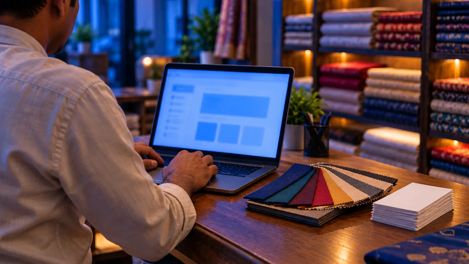 A shop owner seen from behind works on a laptop at a fabric shop counter, with colour swatches and a stack of blank paper slips beside it.