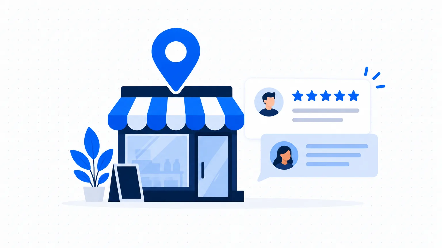 A shop front with a map pin, a five-star review and a reply