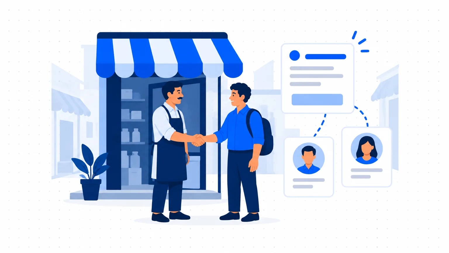 A shop owner shaking hands with a new employee beside candidate cards