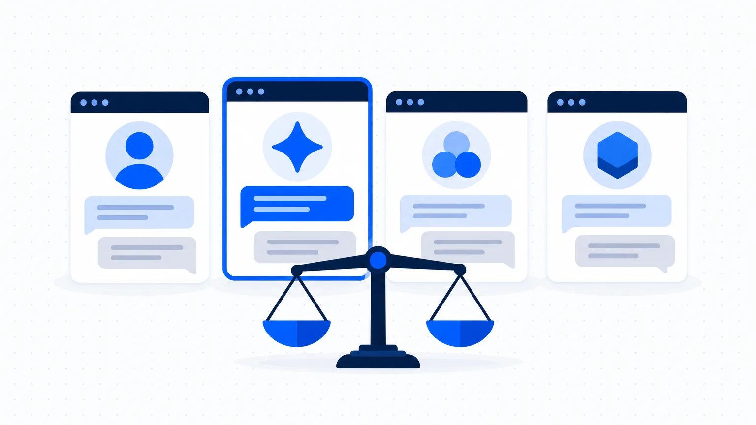 Four chat assistant cards in a row behind a balance scale