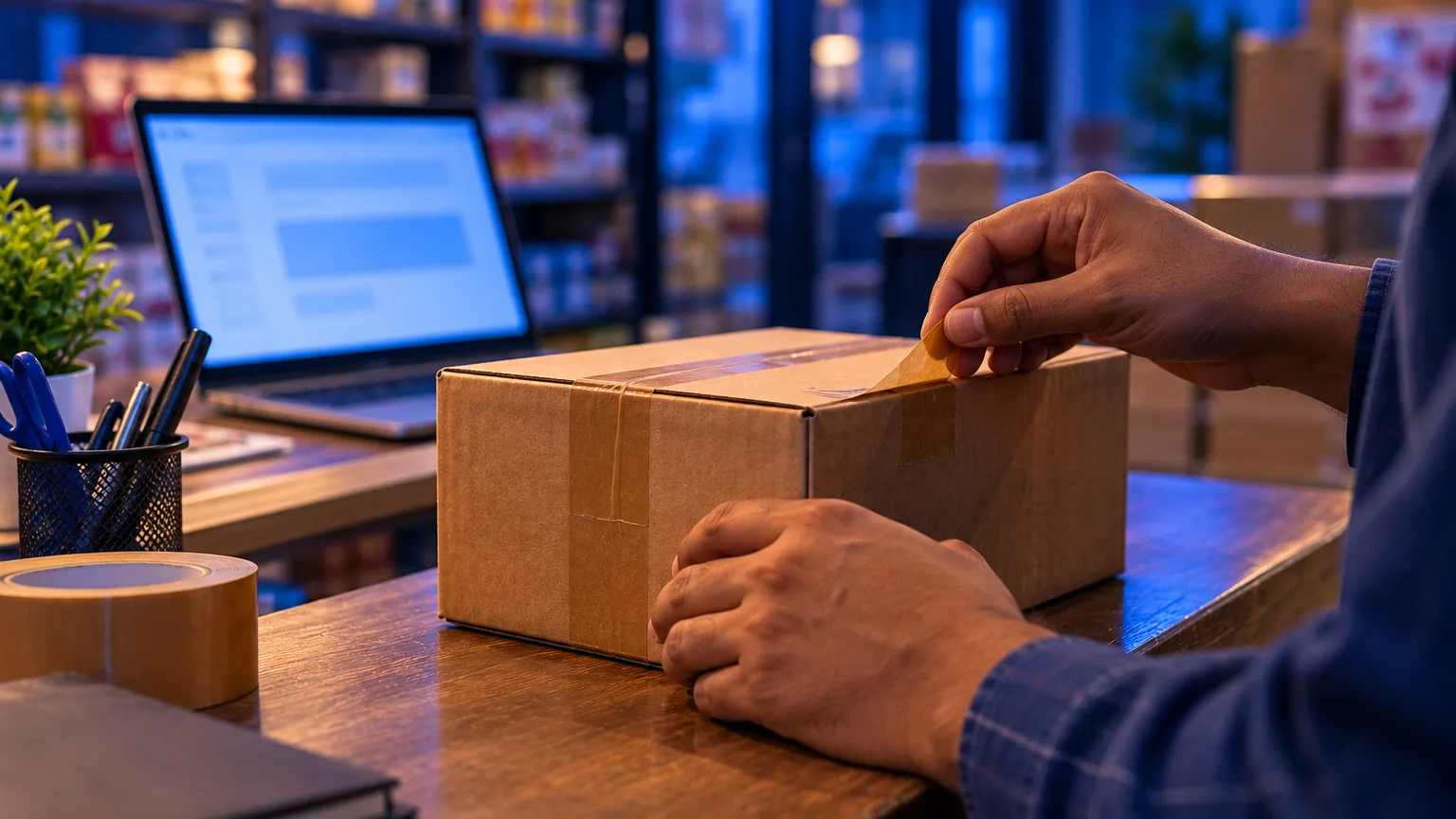 A hand lifts one corner of the tape on a cardboard parcel at a shop counter, with a laptop softly lit behind it.