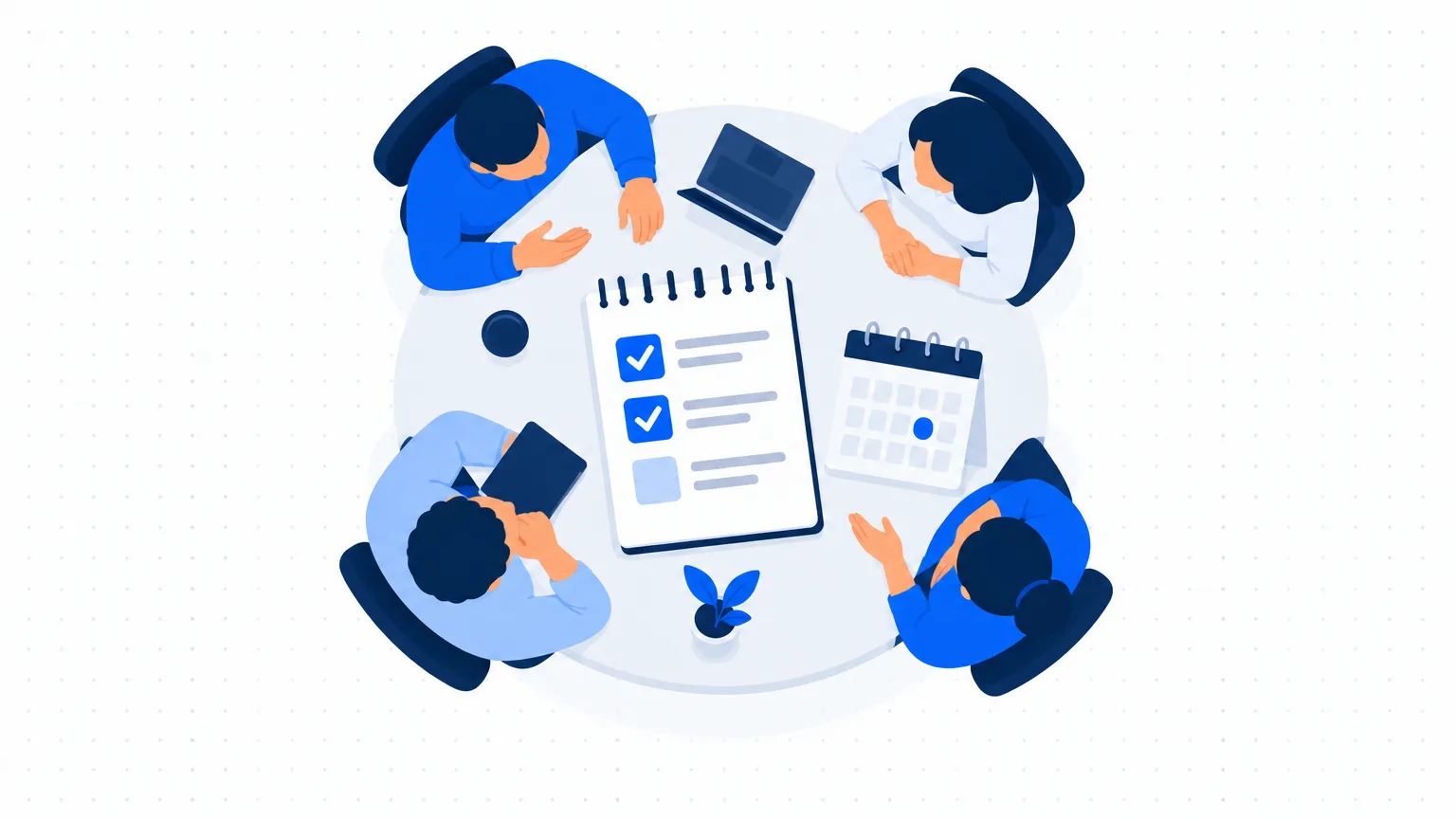 Four people at a round table with a checklist of action points