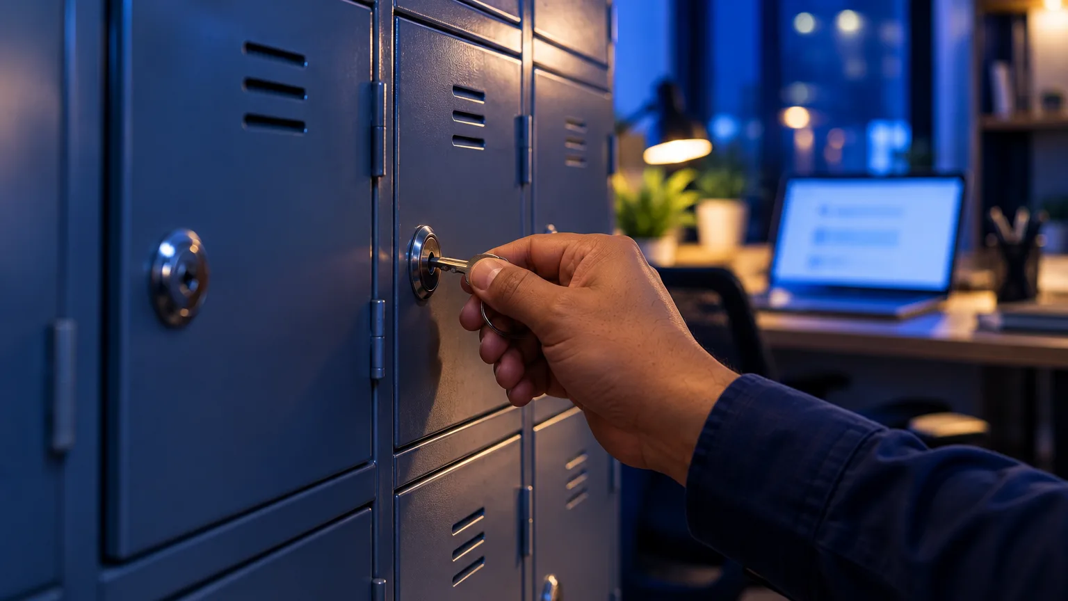 A hand turning a key in one of a row of office lockers at night, with a laptop softly lit behind.
