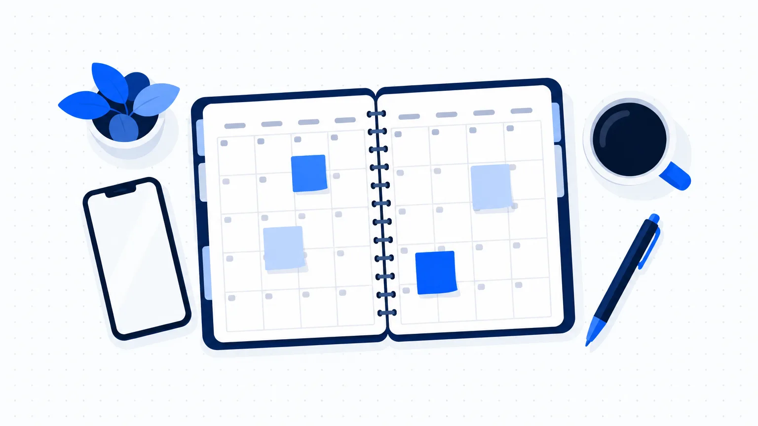 A monthly planner with sticky notes, a pen, a cup and a phone