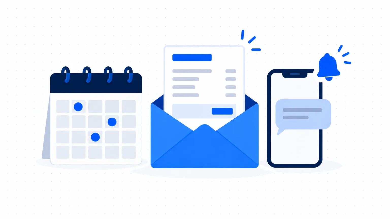 A calendar, an invoice in an envelope and a phone with a reminder