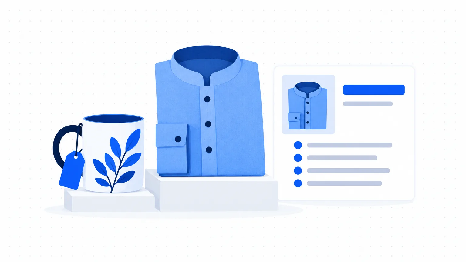 A mug and a folded kurta beside a product description card