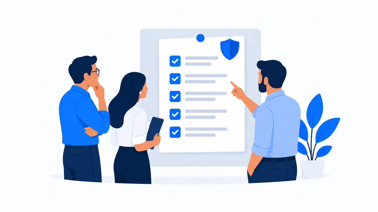 Three team members reading a short list of rules with a shield