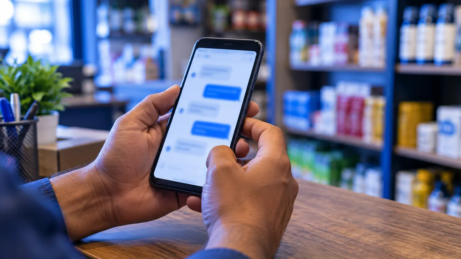A shop owner's hands holding a phone with a customer chat open, at a counter with shelves of products behind.
