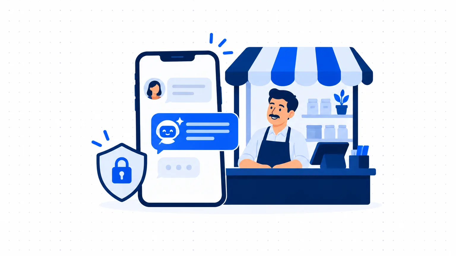 A phone with a customer chat answered by a small assistant, next to a shop counter and a shield