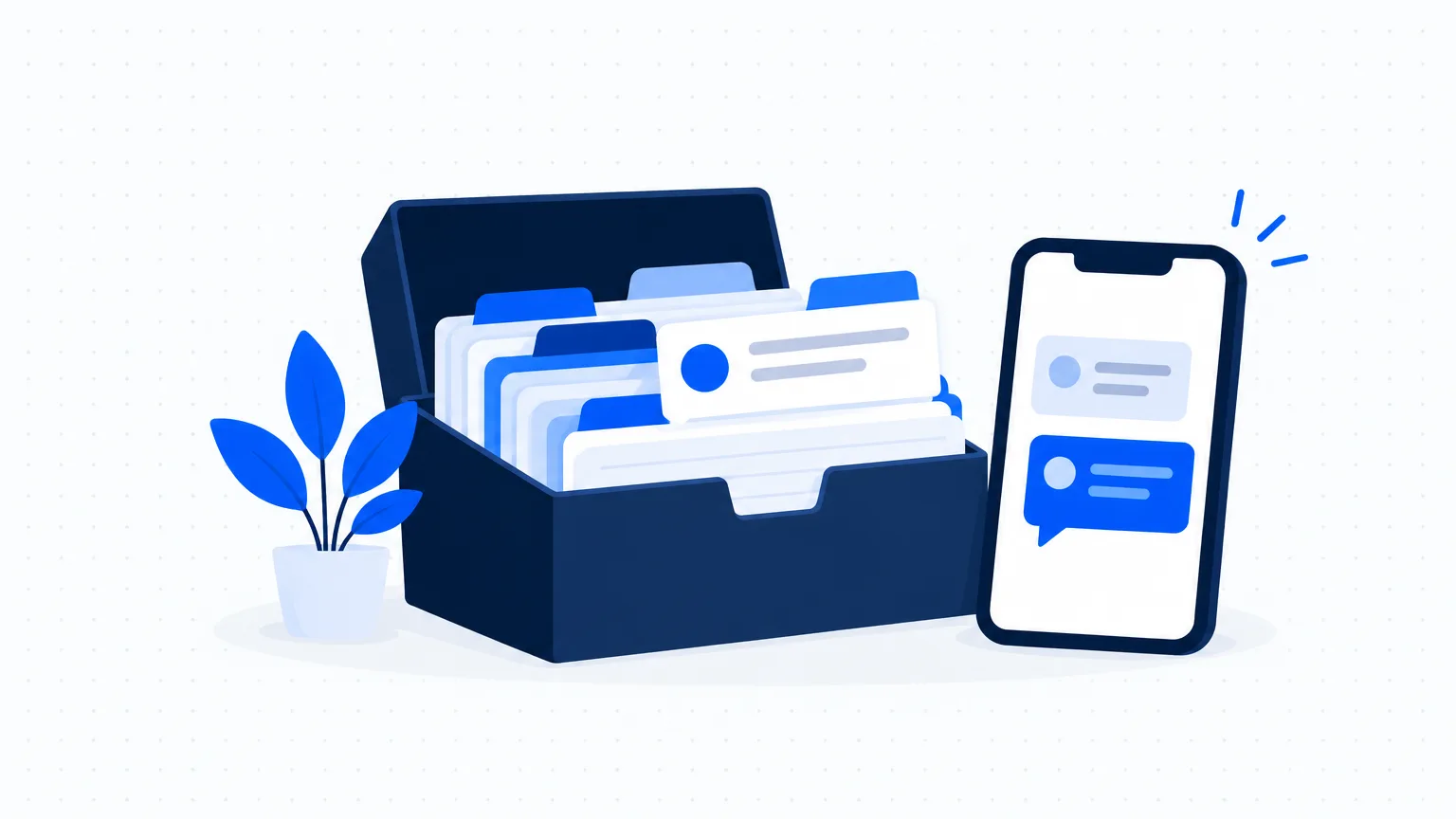 A box of saved reply cards next to a phone with a chat