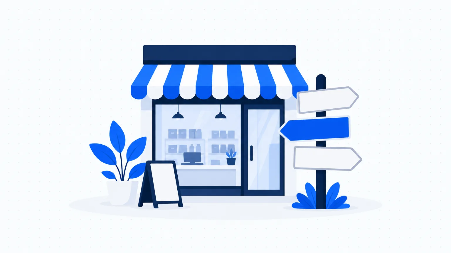 A small shop front with a signpost pointing three ways